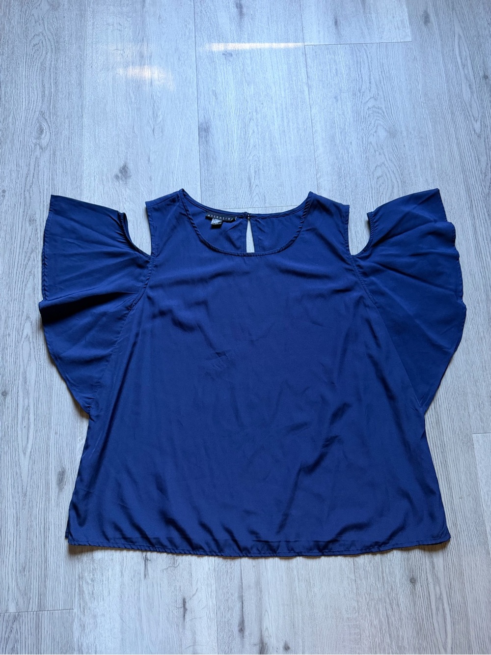 attention Navy Cold-Shoulder Flutter Sleeve Blouse